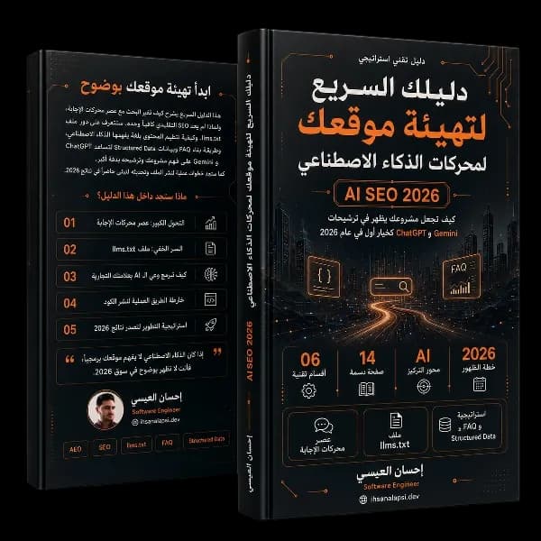 غلاف دليلك لتهيئة موقعك للـ AI SEO، الوجه الخلفي والأمامي